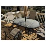 Patio Table Set - Round Glass Top Table With Umbrella & 5 Beige Mesh Chairs