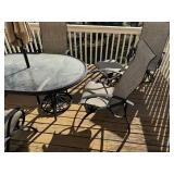Patio Table Set - Round Glass Top Table With Umbrella & 5 Beige Mesh Chairs
