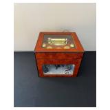 Music Box - Vintage Burl Wood Cylinder with Glass Top & Snow Village Diorama