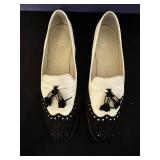 Stuart Weitzman Two-Tone Beaded Tassel Loafers - Size 8.5 - White/Black