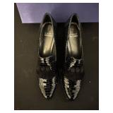 Stuart Weitzman Crocodile-Embossed Patent Leather Tassel Loafers - Black