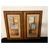Wood Framed Wall Art Set of 2 - Typographic Collage Panels With Beaded Inner Border