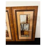 Wood Framed Wall Art Set of 2 - Typographic Collage Panels With Beaded Inner Border