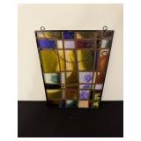 Stained Glass Wall Panel - Multicolor Grid with Hanging Rings & Chain