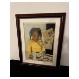Framed Portrait Print - Girl In Yellow Shirt Reading A Book, Newspaper Collage