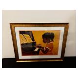 Framed Wall Art - Girl Playing Piano in Orange Dress, Gold Frame