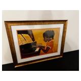 Framed Wall Art - Girl Playing Piano in Orange Dress, Gold Frame