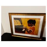 Framed Wall Art - Girl Playing Piano in Orange Dress, Gold Frame