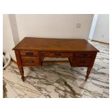 Oak Wood Desk with Four Drawers, Turned Legs, Carved Edge