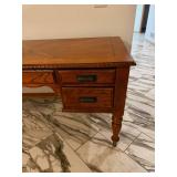 Oak Wood Desk with Four Drawers, Turned Legs, Carved Edge