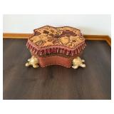 Vintage Ottoman Storage Stool - Tapestry Top, Gold Turtle Feet, Floral Damask Design