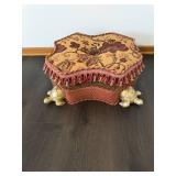 Vintage Ottoman Storage Stool - Tapestry Top, Gold Turtle Feet, Floral Damask Design