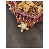 Vintage Ottoman Storage Stool - Tapestry Top, Gold Turtle Feet, Floral Damask Design