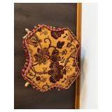 Vintage Ottoman Storage Stool - Tapestry Top, Gold Turtle Feet, Floral Damask Design