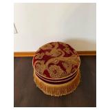 Round Burgundy Paisley Velvet Ottoman Footstool with Gold Fringe