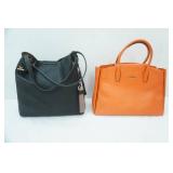 Calvin Klein Orange Leather Purse; Trendy Two-Tone Tassel Accent 3-Compartment Hobo Bag in Black Faux Leather