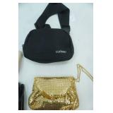 Caniloop Black Fanny Pack; NWT Malibu Skye Vegan Leather Bow Cosmetic Bag; Gold Mesh Clutch Purse w/Tassel and Chain Strap; Small Black Kenneth Cole Reaction Handbag
