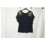 Loft Size M. Navy Blue w/floral embroidery, flutter sleeve blouse