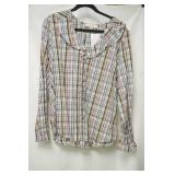 Loft Ruffle neck Button Down plaid long sleeve top size xl