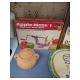 Kitchen Lot - Teapot, Needlework, Paper Towel Holder, Garlic Keeper, and Apple Peeler/Corer/Slicer