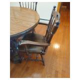 Round Wooden Pedestal Table With (2) Leaves and (4) Heavy Wood and Leather Chairs