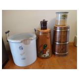 #5 Redwing Crock, (2) Vintage Butter Churns, and Fish Crock
