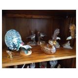 Middle Shelf of Bird Figurines, Bookends, Candy Dish and Suncatcher