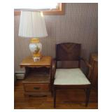 Antique Chair, Nightstand, and Lamp