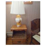 Antique Chair, Nightstand, and Lamp