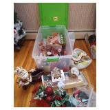 Bin of Christmas Decor - Santas, Bells, Wooden Reindeer, Bead Garland