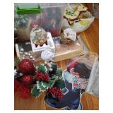 Bin of Christmas Decor - Santas, Bells, Wooden Reindeer, Bead Garland
