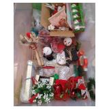Bin of Christmas Decor - Santas, Bells, Wooden Reindeer, Bead Garland