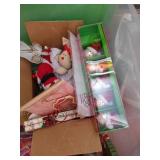 Bin of Christmas Decor - Santas, Bells, Wooden Reindeer, Bead Garland