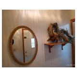 27" Framed Oval Mirror, Wooden Shelf, and (2) Feathered Wreaths