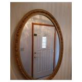 27" Framed Oval Mirror, Wooden Shelf, and (2) Feathered Wreaths