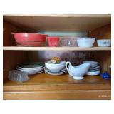 2 Shelves Dishes - Some Vintage Pyrex, Federal, Anchor Hocking, Correlle, and Wine Glasses