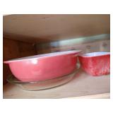 2 Shelves Dishes - Some Vintage Pyrex, Federal, Anchor Hocking, Correlle, and Wine Glasses