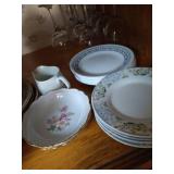 2 Shelves Dishes - Some Vintage Pyrex, Federal, Anchor Hocking, Correlle, and Wine Glasses