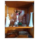2 Shelves of Vases, Floral Frogs, Trivets, and Trays