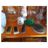 2 Shelves of Vases, Floral Frogs, Trivets, and Trays