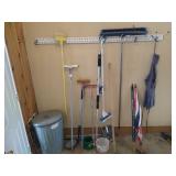 Hanging Rack with Tools, Metal Garbage Can, & Umbrellas