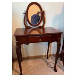Vintage Wood Vanity Table with Oval Mirror and Drawer