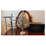 Holiday Decor and Home Accessory Lot with Tiered Metal Stand, Christmas Tree, Basket, and Planter