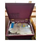 Upholstered Sewing Box and Double Stack Organizer with Assorted Sewing Supplies