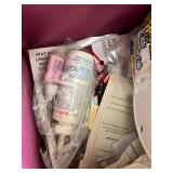 Upholstered Sewing Box and Double Stack Organizer with Assorted Sewing Supplies