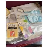 Upholstered Sewing Box and Double Stack Organizer with Assorted Sewing Supplies