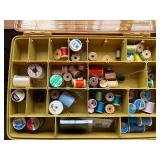 Upholstered Sewing Box and Double Stack Organizer with Assorted Sewing Supplies