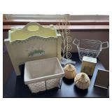 Collection of Decorative Baskets, Metal Bin, Tin, and Floral Magazine Holder