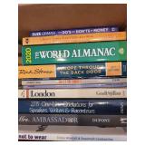 Box of Assorted Books Including Almanacs, Self-Help, and Travel Guides
