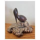 Set of 2 Handcrafted Bird Figurines - Duck and Pelican on Burl Wood